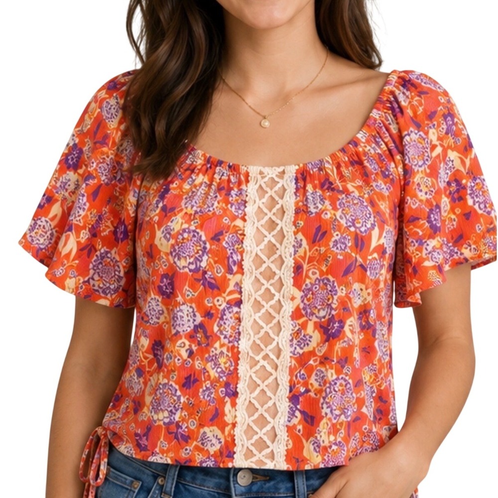 Miss Me Floral Boho Top  Large Orange White Crochet Flutter Sleeve Crop Summer